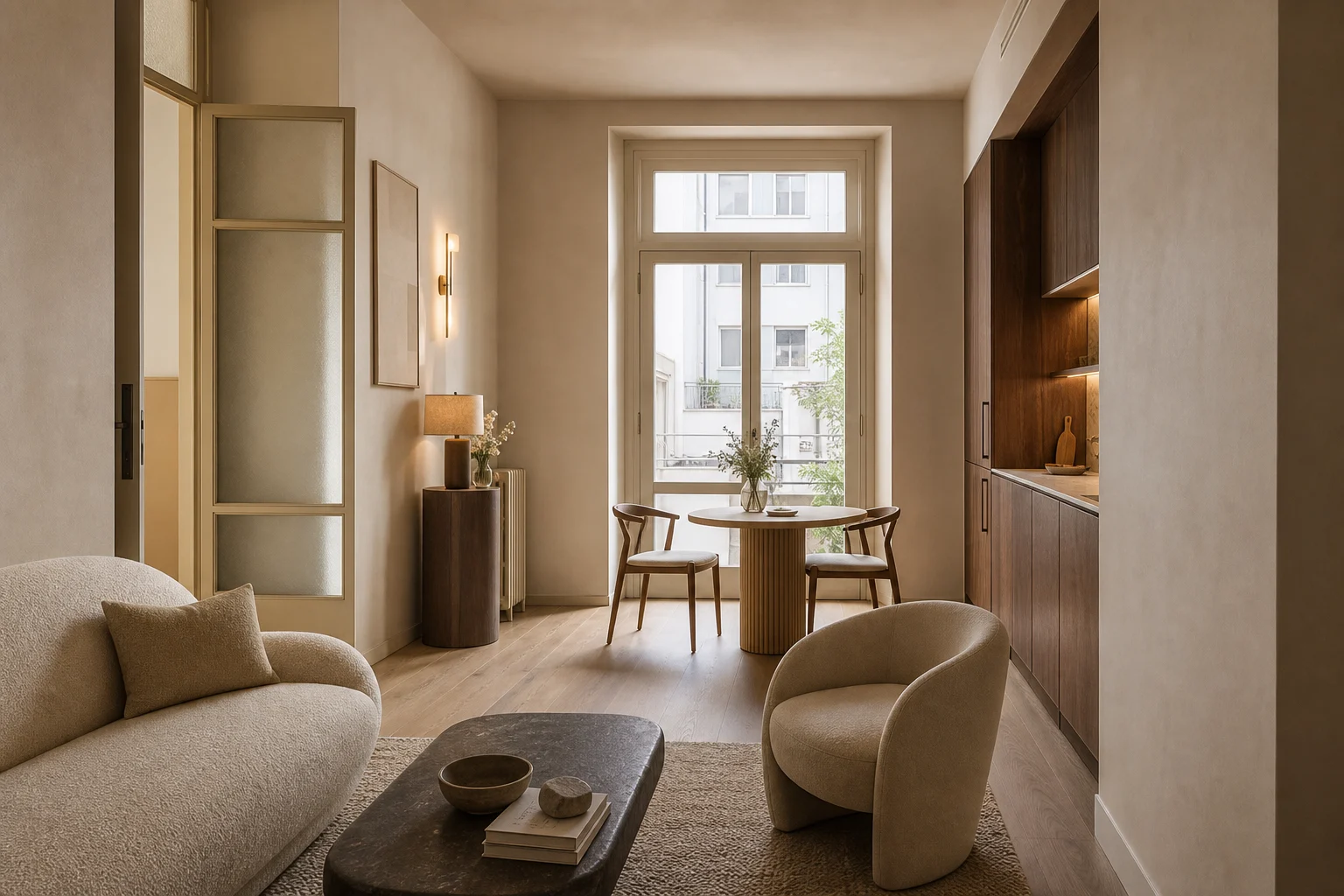 Rendering concettuale di riferimento: living con divano, tavolo e cucina integrata